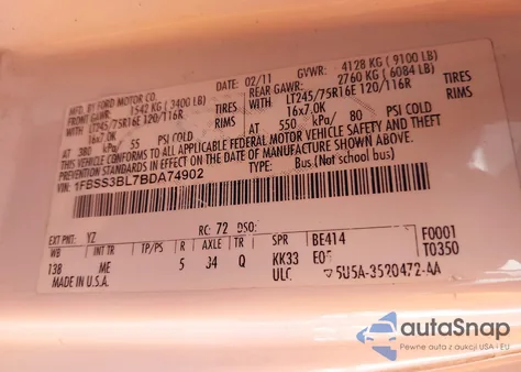 2011 Ford E-350 Super Duty Xlt z USA, uszkodzony, nr VIN 1FBSS3BL7BDA74902